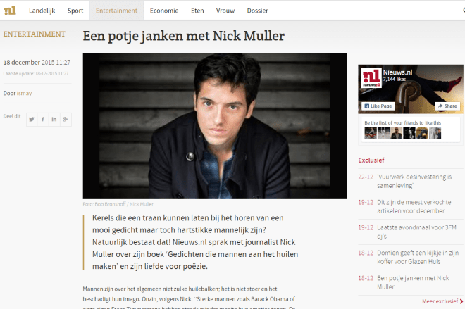 Nick Muller interview Nieuws.nl gedichten die mannen aan het huilen maken poezie in carré